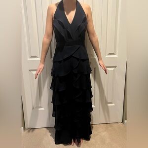 After Six Long Tiered Ruffle Formal Halter Maxi Dress Navy